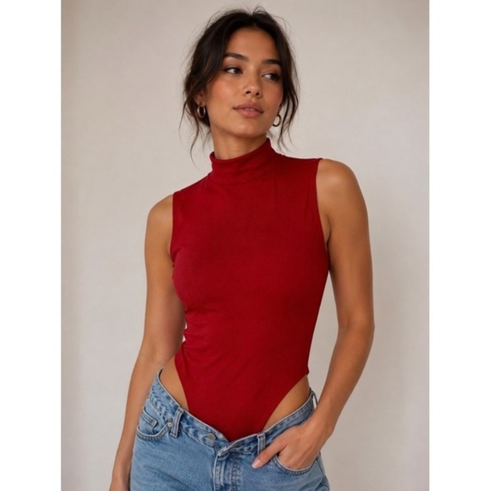 JONDEN. M. Red sleeveless bodysuit. Buttons on bottom. Turtle neck.M.